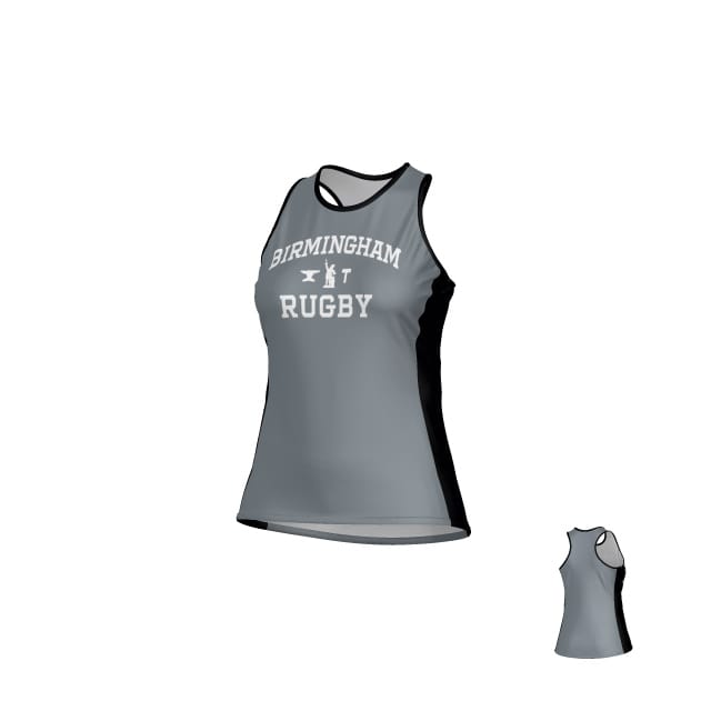The Teamatical Birmingham Vulcans DNA Denver Tank - Women's is a sleeveless gray rugby top with black side panels, made from DNA-FLEX fabric for advanced moisture control and features "Birmingham Rugby" printed in white on the front.