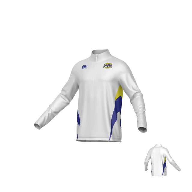 Winchester Cannons Canterbury Hunter 1/4 Zip Midlayer by Teamatical—a white long-sleeve athletic shirt featuring blue and yellow accents, a quarter-zip collar, and a logo on the left chest; front and back views are shown.