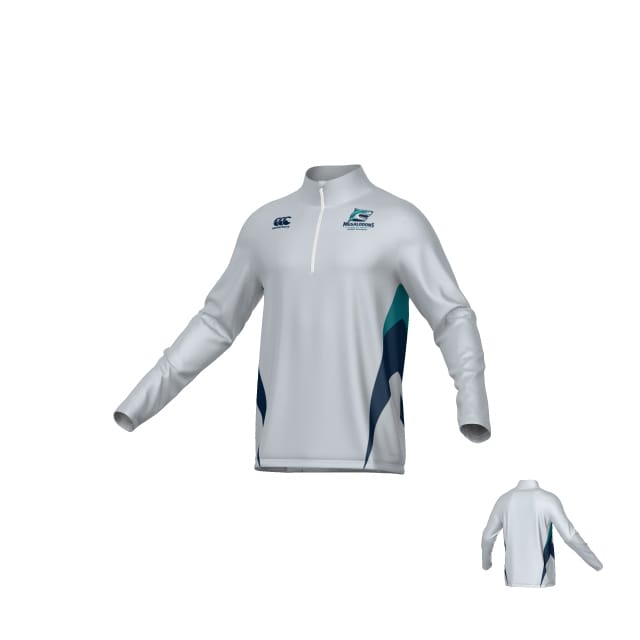 The NC Megalodons Canterbury Hunter Midlayer 1/4 zip by Teamatical features a white long-sleeve pullover with teal and navy accents, chest logos, a zip collar, and moisture-wicking, breathable fabric. Front and back views shown.