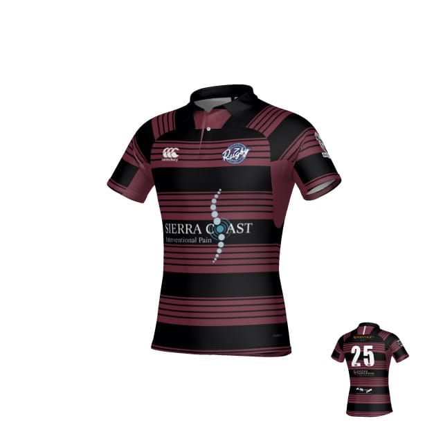 The Teamatical Sacramento RFC 7s Kaha Test Fit Jersey features maroon and black stripes, a collar, sponsor logos on the front, and the number 25 on the back.