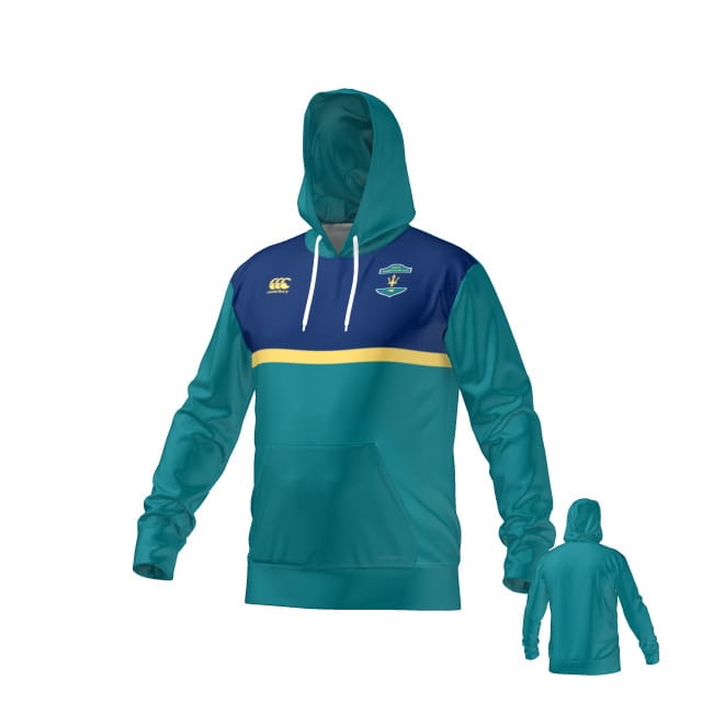 The UNCW Women's Rugby Canterbury Training Hoody by Teamatical features teal and blue colors, a yellow stripe, white drawstrings, two embroidered chest logos, and is shown from front and back angles.