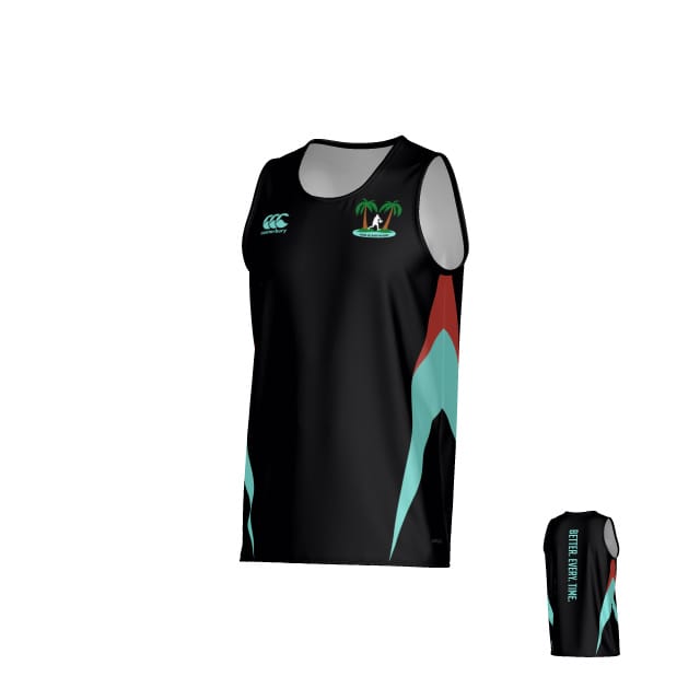 Teamatical Twin Island Rugby Canterbury Hunter Performance Singlet: Black athletic tank with teal and maroon accents, palm tree logo on the front, and small text on the upper back.