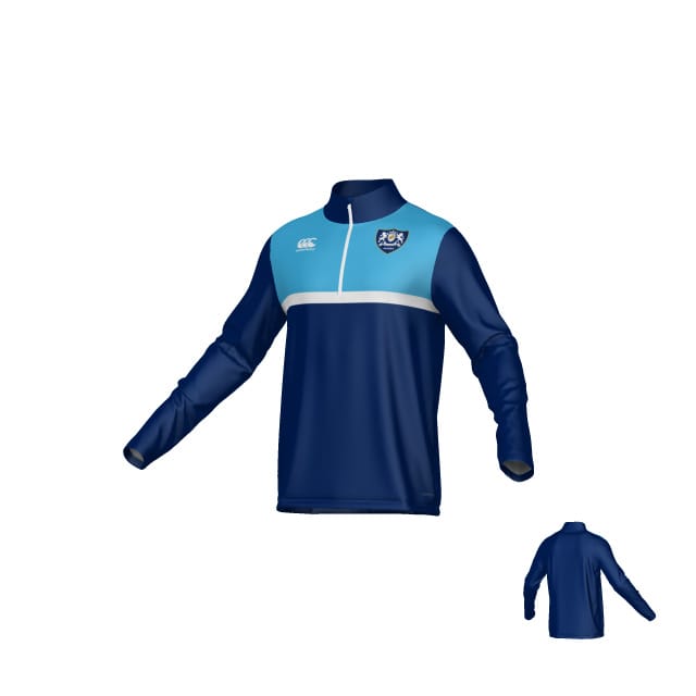 The Villanova Rugby Canterbury Legacy Midlayer 1/4 Zip by Teamatical features navy and light blue long sleeves, a quarter zip, and an embroidered crest on the chest; front and back views displayed.