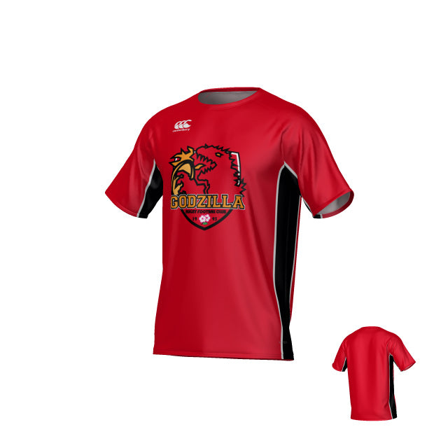 Teamatical Godzilla Rugby Canterbury Kirra Performance Tee in red, featuring short sleeves, a black side panel, and a stylized dragon head with the “Godzilla” logo on the front; also shown with a smaller rear view.