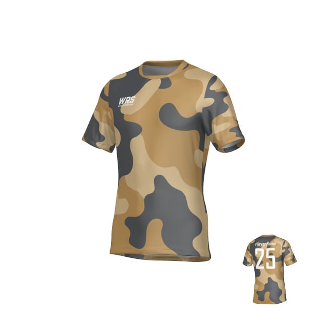 The Teamatical WRS MENS PRO JERSEY - CAMO is a short-sleeve athletic shirt featuring a brown, tan, and gray camo pattern, "WRS" text on the front, and "Player Name 25" on the back.
