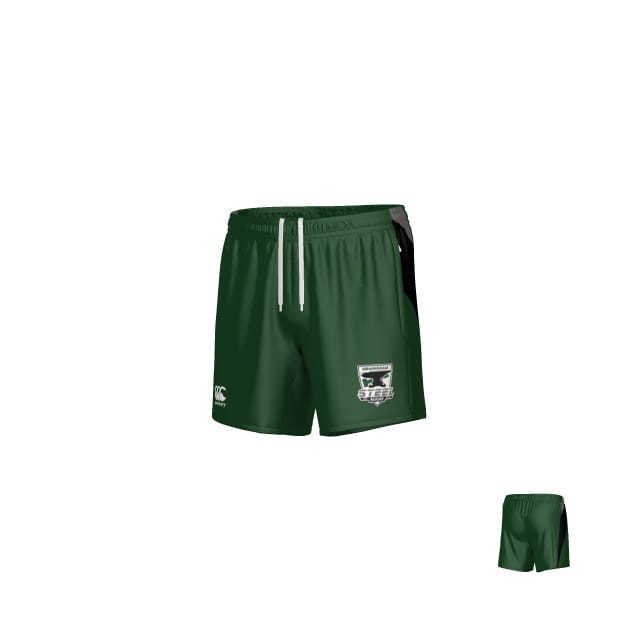The Birmingham Steel Canterbury Hunter Zip Pocket Gym Shorts by Teamatical feature a white drawstring, black side panels, zip pockets, and two front left logos. Shown from front and back; ideal for rugby training with style and performance.