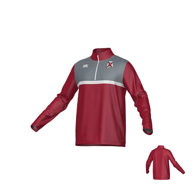 The Teamatical University of Alabama Rugby Canterbury Legacy Midlayer 1/4 Zip features maroon and gray long sleeves, a quarter zip, white logo on the right chest, and crest badge on the left chest; shown front and back.
