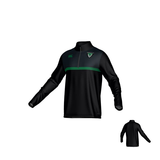 The Birmingham Vulcans Canterbury Legacy Midlayer 1/4 Zip by Teamatical is a black long-sleeve athletic pullover with green accents and a small team logo on the upper left chest, shown in front and back views.