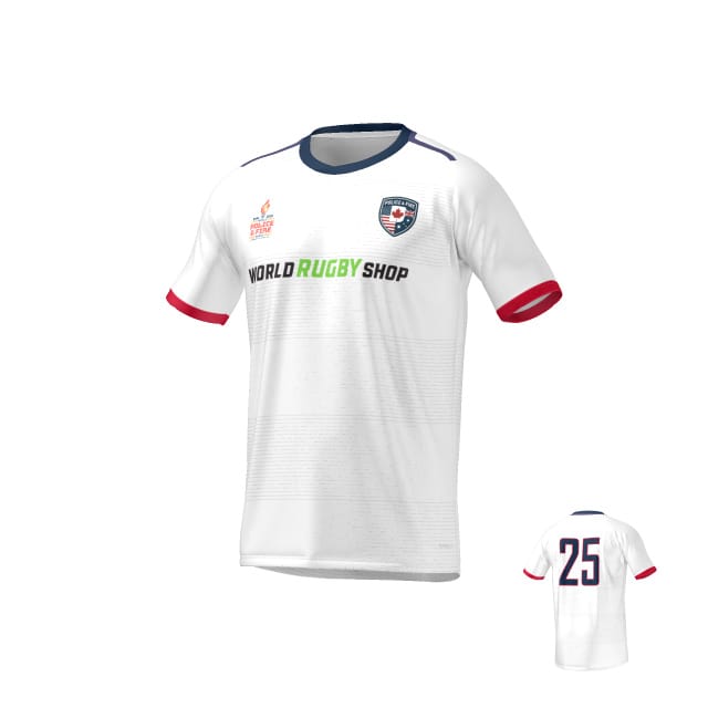 The Teamatical MENS MAKA JERSEY REGULAR is a white rugby jersey featuring a navy collar, red sleeve cuffs, front sponsor logos, chest crest, and the number 25 in navy on the back.