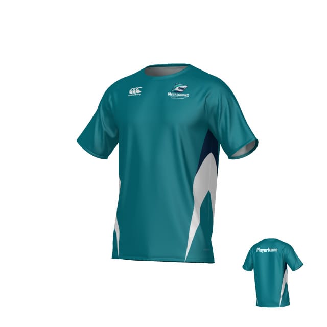 The NC Megalodons Canterbury Hunter Performance Tee by Teamatical features teal with white and navy accents, Megalodons branding on the front left chest, brand logo on right, "PlayerName" on back, and is made from moisture-wicking fabric.
