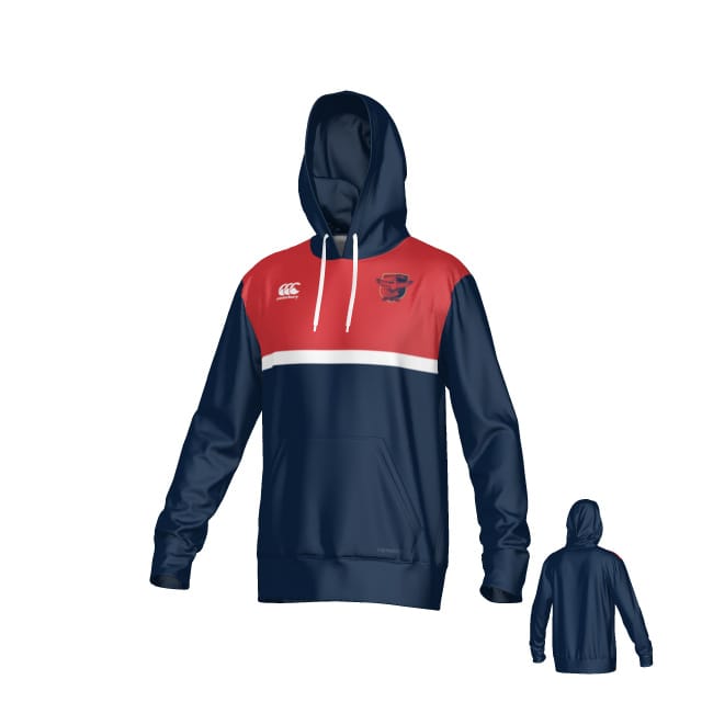 Charlotte Cardinals Canterbury Legacy Performance Hoodie by Teamatical in navy blue and red, featuring a white stripe, front pouch pocket, small left chest logo, and back view also shown.