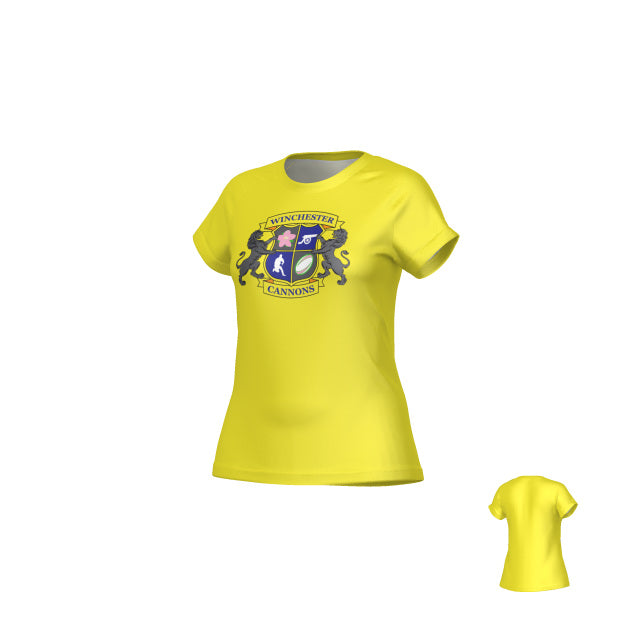 The Teamatical Winchester Cannons Sydney Performance Tee for women is shown in yellow, featuring a "Winchester Cannons" crest with two lions and a shield on the front; displayed from both front and back angles.