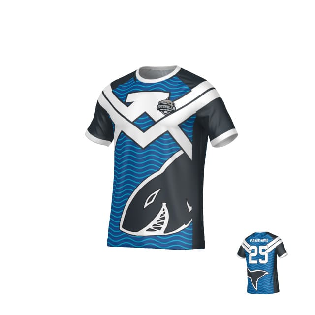 The Teamatical Sandhill Sharks DNA Sydney SS Crew Neck features blue, black, and white colors with a stylized orca and wave on the front, plus "25" and "Player Name" on the back.