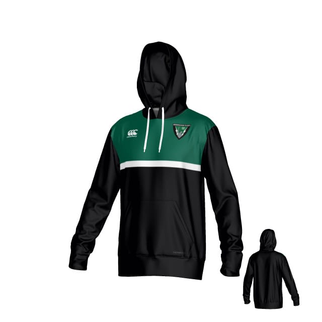 The Birmingham Vulcans Canterbury Legacy Performance Hoodie by Teamatical features black and green panels, a white stripe, drawstrings, a logo on the left chest, front pocket, and includes a back view.