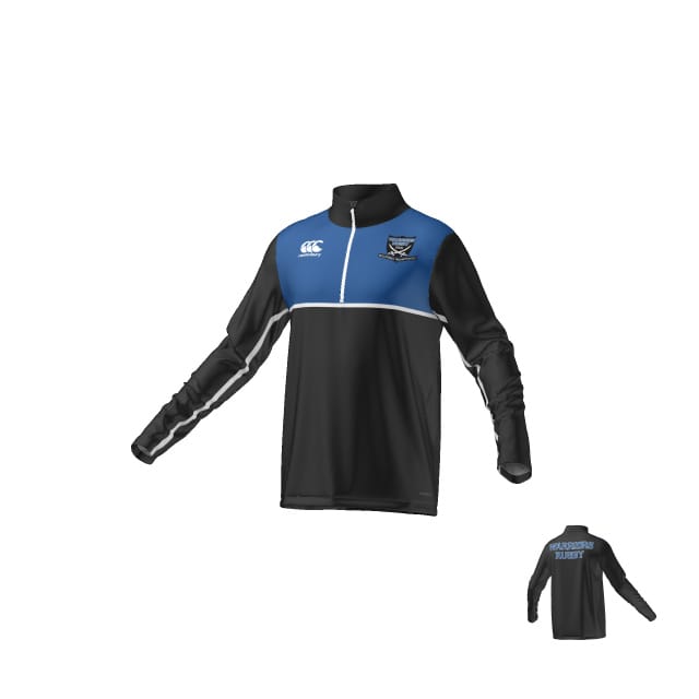 The FORT HUNT ECO-SUBLIMATE Q-ZIP MIDLAYER - MENS by Teamatical is a black and blue long-sleeve pullover featuring a white front logo and “RANCHO RUGBY” text on the back.