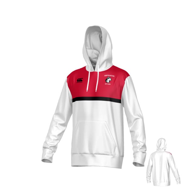 The Teamatical Northeastern University Men's Rugby Canterbury Legacy Performance Hoodie features white and red colors, a black stripe, kangaroo pocket, small chest logos, and includes a rear view image.