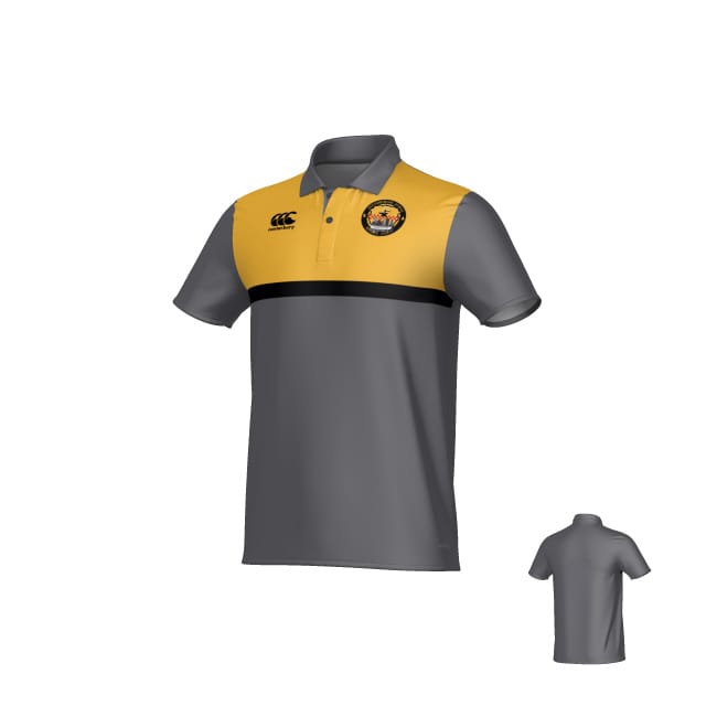 The Teamatical Pittsburgh Forge Canterbury Legacy Performance Polo features short sleeves, a collar, a yellow upper section, black stripe, gray lower section, and an embroidered left chest logo. Inset shows the back view.