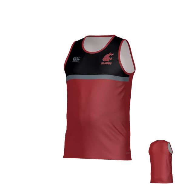 The Washington State Rugby Canterbury Legacy Performance Singlet by Teamatical features a maroon body, black chest panel, gray stripe, and WSU Rugby logo on front; back view shown smaller.
