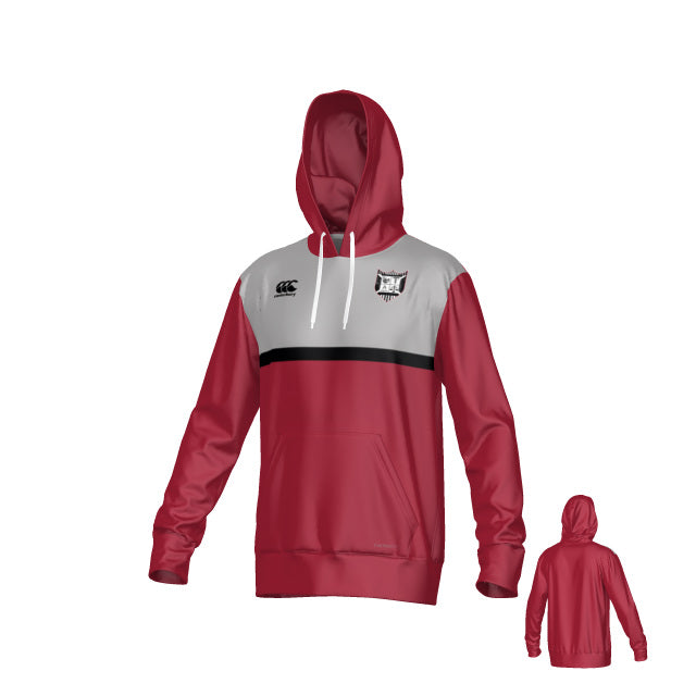 Teamatical Troy University Canterbury Legacy Performance Hoody in red and gray, featuring a black stripe across the chest, white drawstrings, front pocket, and a small Troy University team logo on the left chest. Back view also shown.