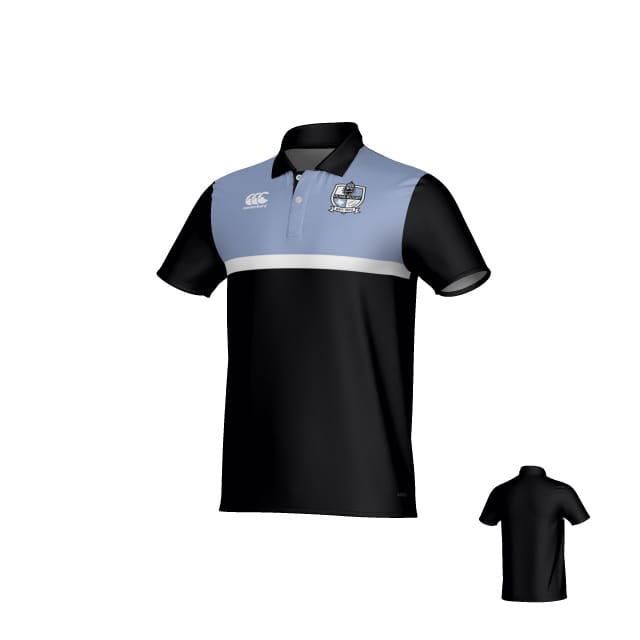 The Austin Huns Canterbury Legacy Performance Polo by Teamatical features black and light blue panels, a white chest stripe, embroidered left-chest logo, short sleeves, and a back view displayed in a smaller inset.