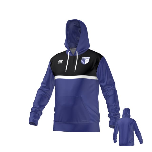 The OMBAC Youth Rugby Canterbury Performance Hoody by Teamatical features blue and black colors, a white stripe, kangaroo pocket, team logo on the chest, and a small rear view image in the bottom right corner.