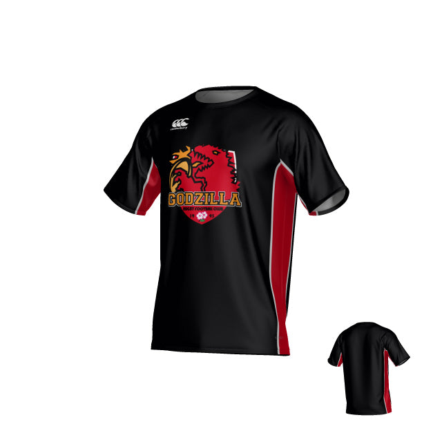 Black Godzilla Rugby Canterbury Kirra Performance Tee by Teamatical, featuring a short-sleeve design with black and red accents and a stylized “Godzilla” logo on the front; back side also shown in a smaller view.