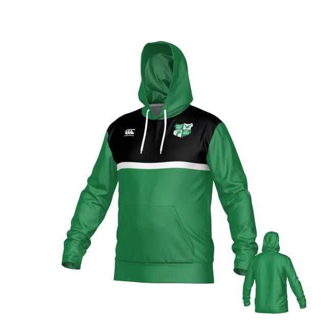 The Zionsville Rugby Canterbury Legacy Training Hoodie by Teamatical features green and black colors, a white horizontal stripe, kangaroo pocket, team logo on the left chest, and is shown from front and back views.