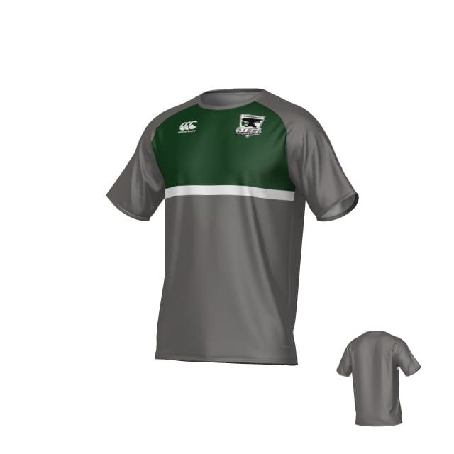 The Teamatical Birmingham Steel Rugby Canterbury Legacy Performance Tee features short sleeves, a gray body, dark green chest panel, white stripe, and front logos. Back view included.