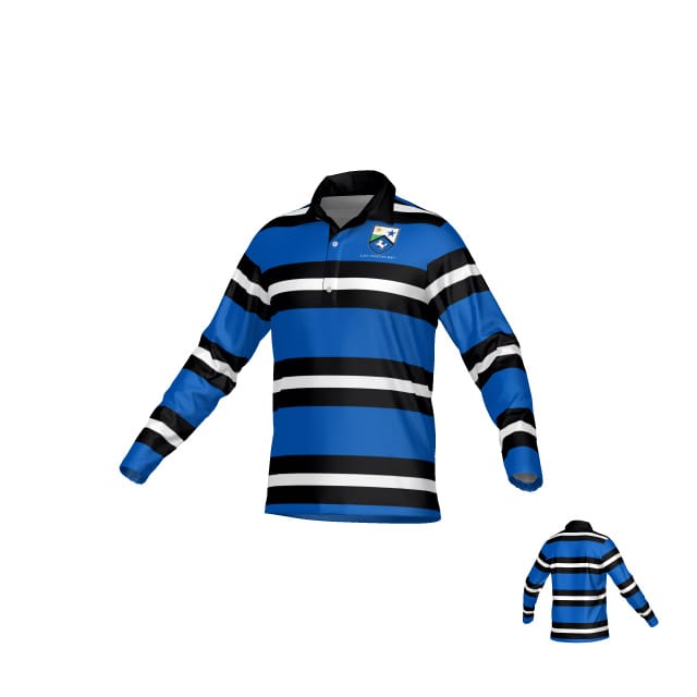 The Teamatical Las Colinas DNA LS Pique Polo Shirt features blue, black, and white stripes, a black collar, and a left chest crest. Ultra-breathable and inspired by rugby players, it's shown from the back in the bottom right corner.