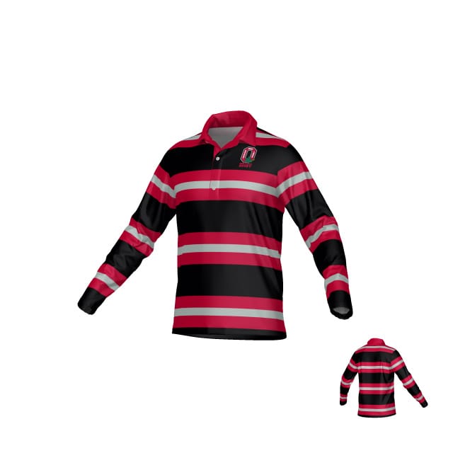 Teamatical's Ohio State University Alumni DNA LS Pique Polo Shirt features red, black, and white stripes, a collar, left chest logo, and long sleeves. A smaller image shows the back view.