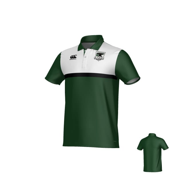 The Birmingham Steel Rugby Canterbury Legacy Performance Polo by Teamatical features green and white short sleeves, a black chest stripe, logos on the chest, a buttoned collar, and a solid green back.
