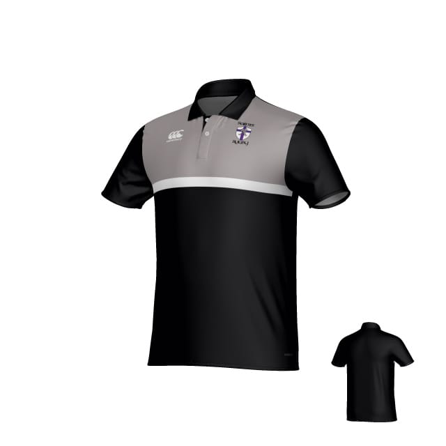The St. Augustine High School CANTERBURY ECO-SUBLIMATE SS PERFORMANCE POLO - MENS by Teamatical features black and grey short sleeves, a white chest stripe, collar, rugby logo on the left chest, and shows both front and back views.