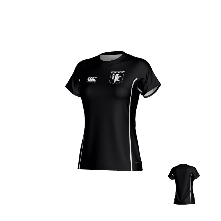 New Saint Andrews College Malta Womens CCC Raglan Training Tee: a black short-sleeve athletic shirt with white side panels, a logo on the right chest, a crest on the left chest, and an inset back view.