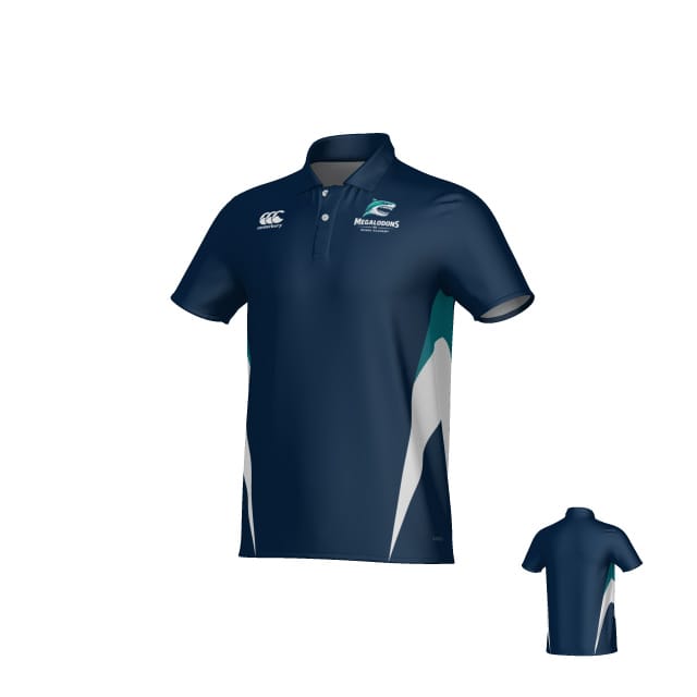 The Teamatical NC Megalodons Canterbury Hunter Performance Polo is a navy short-sleeve top with white and teal accents, collar, buttons, chest team/brand logos, and moisture-wicking fabric. Front and back shown.