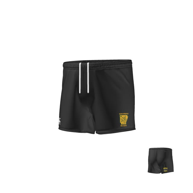 The Teamatical Arkansas Gryphons Yokohama Match Shorts are black athletic shorts with a white drawstring and a yellow crest with text on the left leg, shown from front and back views.