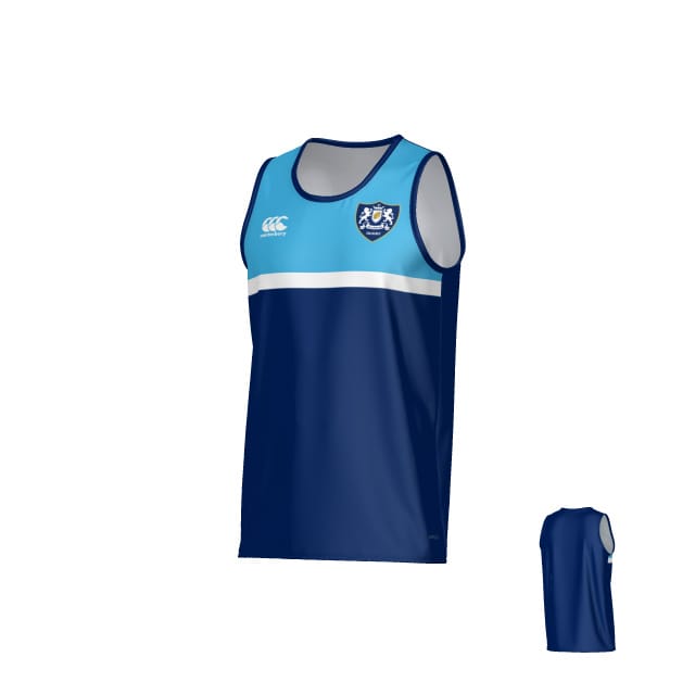 The Teamatical Villanova Rugby Canterbury Legacy Performance Singlet is a sleeveless blue jersey with light blue and white chest stripes, featuring logos on both sides of the chest. Back view included.