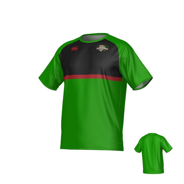 The NOVA Barbarians Canterbury Legacy Performance Tee by Teamatical features green fabric, black shoulders, a red chest stripe, team logo on the left chest, small red logo on the right chest, and an inset showing the back view.