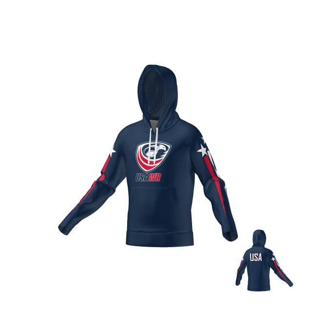 The Teamatical USAWR TRAINING HOODY features a navy blue design with a USAWR logo on the front, red and white sleeve stripes, and "USA" in white on the back.