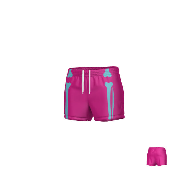 Introducing the Teamatical WRS WOMENS PRO SHORT - SPOOKY BONES: vibrant pink women’s rugby shorts featuring a white drawstring and playful blue thigh and knee bone graphics on the front, perfect for a Halloween Bones vibe. Made from moisture-wicking fabric to keep you comfortable on and off the field.