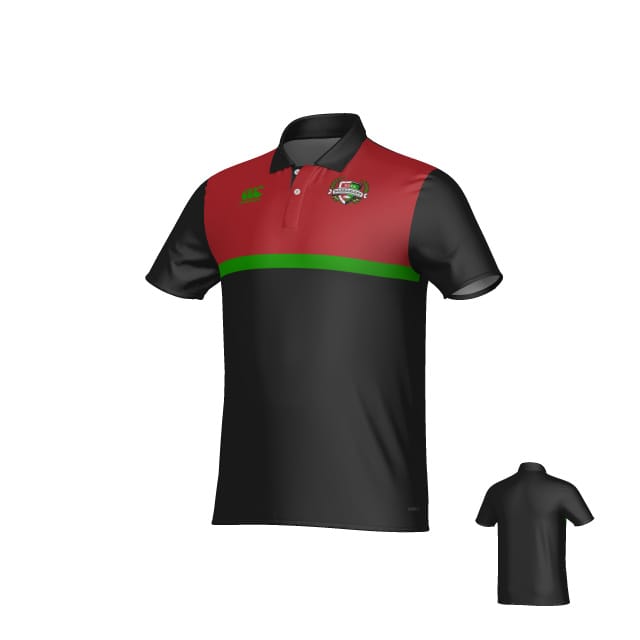 The Teamatical NOVA Barbarians Canterbury Legacy Performance Polo features a black base, red shoulders, a green chest stripe, small left chest logo, and green right emblem. The back view is solid black.