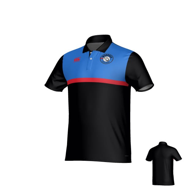 The Teamatical Mudsock Rugby Canterbury Legacy Performance Polo features short sleeves, a black lower half, blue upper chest and shoulders, a red horizontal stripe, and a sports team logo on the left chest. Back view shown in a smaller image.