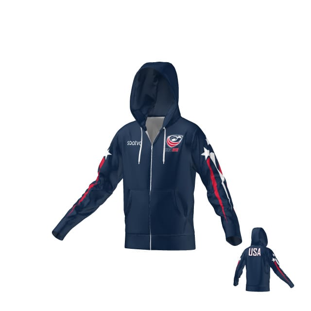 The Teamatical USAWR FULL ZIP HOODY features a navy blue design, USA Rugby logo on the chest, white stars on the sleeves, and "USA" printed on the back.