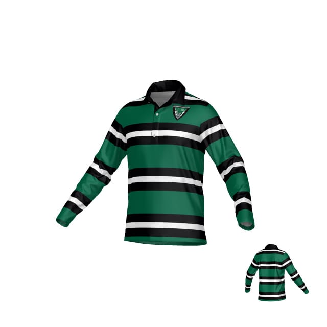 The Teamatical Birmingham Vulcans DNA LS Pique Polo Shirt features green, black, and white stripes, a black collar, and a crest logo on the left chest. Back view shown. Inspired by classic Vulcans polo designs.
