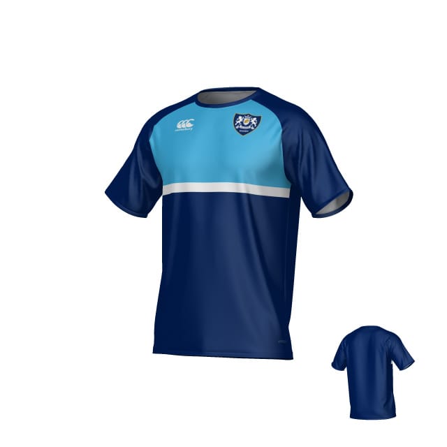 The Teamatical Villanova Rugby Canterbury Legacy Performance Tee features a blue short-sleeve design with a light blue chest panel, white stripe, club crest on the left chest, and a plain blue back.