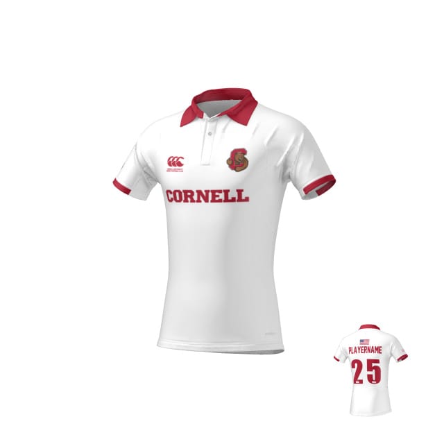 The Teamatical Cornell Rugby Canterbury Kaha Test Jersey is a white short-sleeve shirt with red collar/cuffs, "CORNELL" and crest on the front, and "PLAYERNAME 25" on the back.