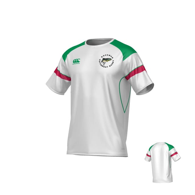 The Bozeman Cutthroats Canterbury Performance Tee by Teamatical features white short sleeves, green shoulders, pink sleeve stripes, and a "Botswana Rugby Union" chest logo. The back is mostly white with green and pink accents.