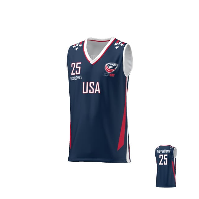 Teamatical USAWR NAVY MATCH JERSEY: navy blue basketball jersey featuring "USA," number 25, sponsor text on the front, stars on shoulders, logo on chest, and customizable player name on the back.