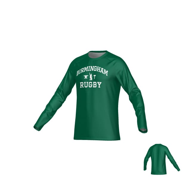 The Birmingham Vulcans Text DNA Sydney LS Crew Tee by Teamatical is a green long-sleeve shirt with "Birmingham Rugby" in white on the front, UPF 50 protection, and moisture management for all-day comfort. Front and back views shown.