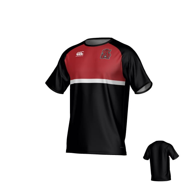 The Archbishop Spalding Canterbury Legacy Performance Tee by Teamatical features short sleeves, a black lower half, red upper chest, white horizontal stripe, and white logos on the chest. Back view also shown.