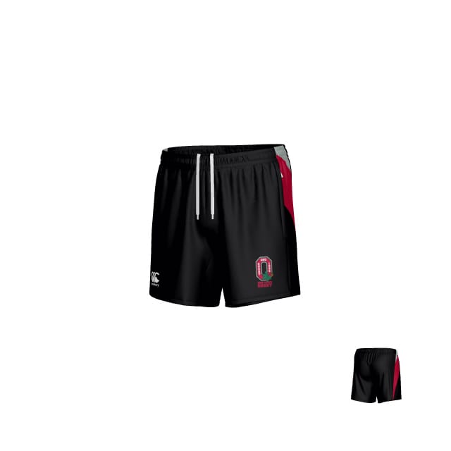 Ohio State University Alumni Canterbury Hunter Zip Pocket Gym Shorts by Teamatical, shown front and back on white background—black with maroon and gray accents, logo, and white drawstring. Ideal rugby or gym shorts.